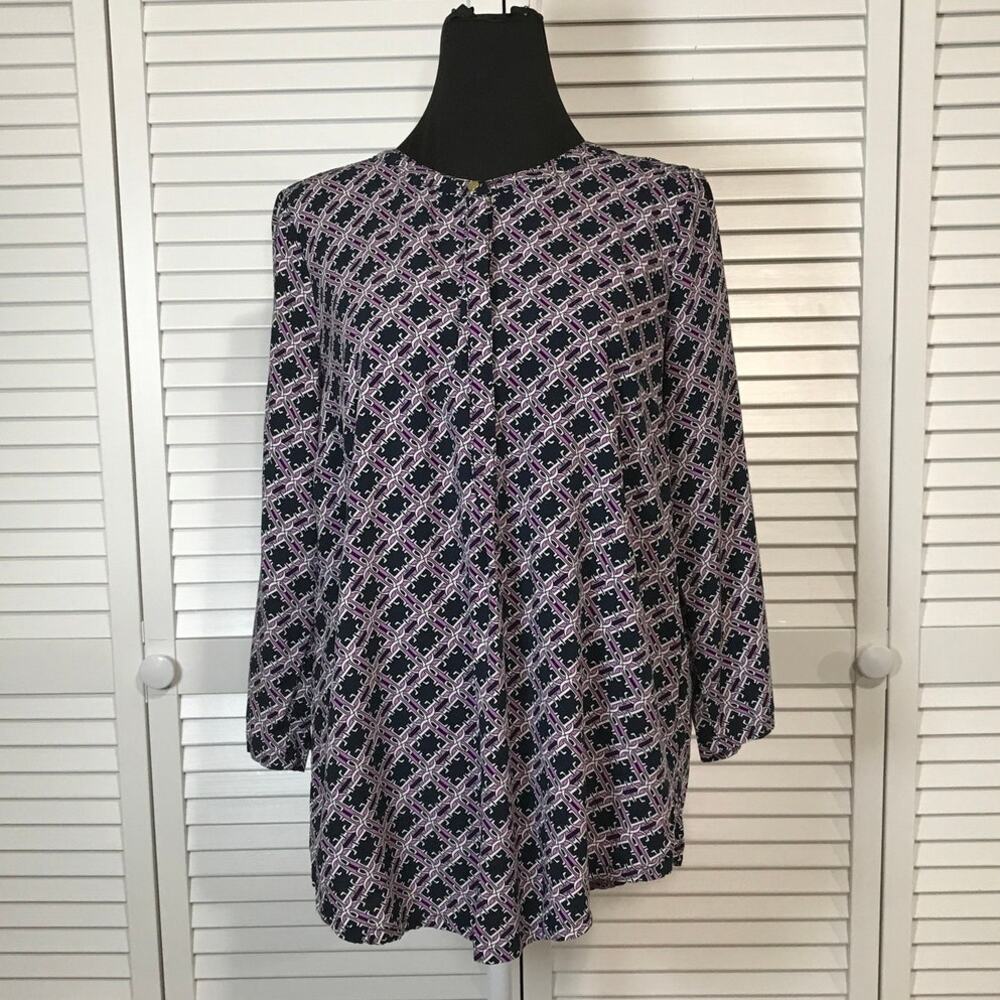 Liz Claiborne Black Geometric High Neck ¾ Sleeve Tunic Blouse Women M